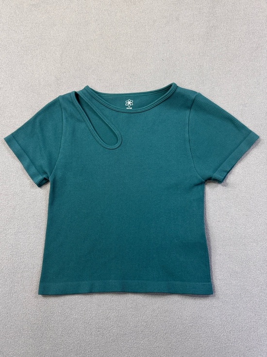 Aura Tops - Teal Blue Short Sleeve T-Shirt Stretchy Crop Top with Asymmetric Cutout, M / L